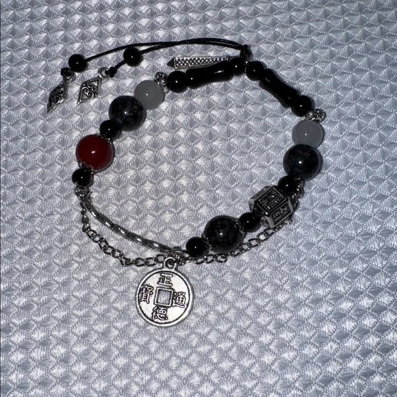 BOHO Bracelet Asian Coin Glass Bead Silver Detail Chain Stretch 6”- 6.5” New - Picture 3 of 16